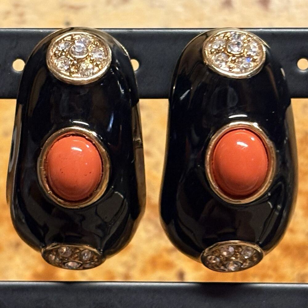 Scaasi 1980's Clip On Earrings Black Enamel, Rhinestones & Coral w/ Gold Vintage